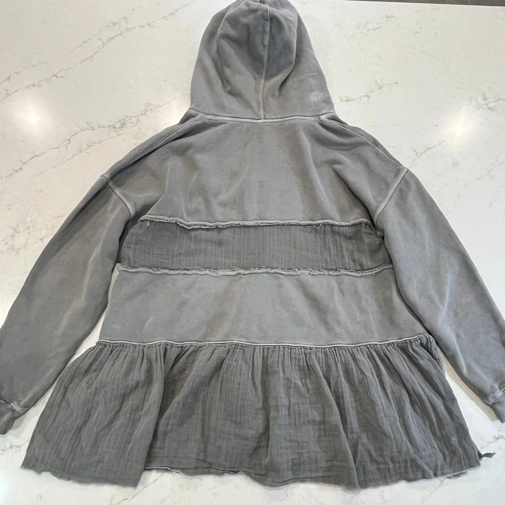 Free People Sail Away Ruffle Hoodie Womens L Gray Cotton Oversized Tunic Raw Hem